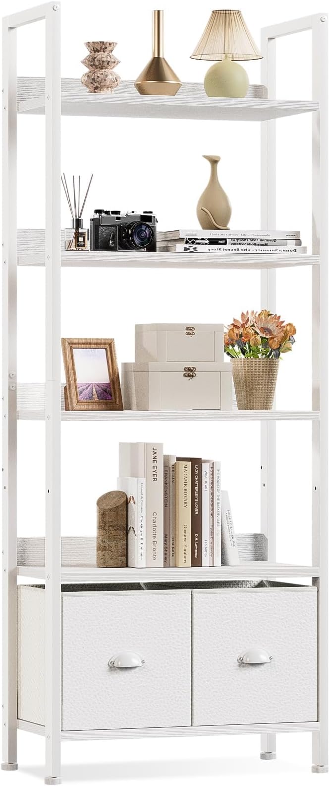 Furologee 5 Tier Bookshelf with Drawers, White Tall Bookcase with Shelves, Wood and Metal Bookshelves Storage Organizer, Modern Display Free Standing Shelf Unit for Bedroom, Living Room, Office