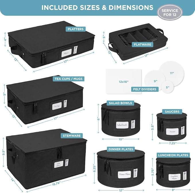 Hard Shell China Storage Containers 8-Piece Set Moving Boxes for Dinnerware, Glasses, Plates, Mugs and Saucers Sturdy Dish Organizer with Dividers for Seasonal Storage - Service for 12 - Black