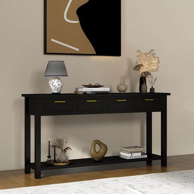 Console Table for Entryway, 60 Inch Sofa Table w/4 Drawers and Bottom Shelf Narrow Long Hallway Table for Living Room Entryway Home, Black
