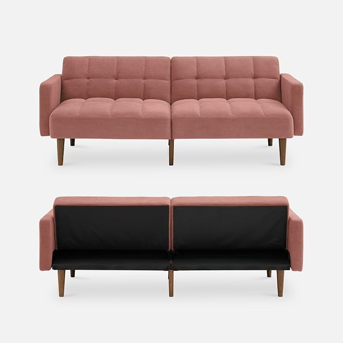 mopio Aaron 76.8" Couch, Small Futon Sofa Bed, Sleeper, Loveseat, Mid Century Modern Futon Couch, Sofa Cama, Couches for Living Room, Bedroom (Old Rosa, Velvet)