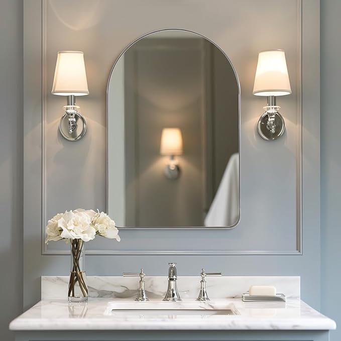 ANDY STAR Chrome Bathroom Mirror, 20" x 30" Arch Mirror in Stainless Steel Metal Frame, Chrome Arched Bathroom Mirror for Wall, Arch Top Rounded Corner 1" Deep Set Design Wall Mount Hangs Vertical