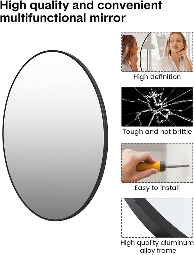 32 Inch Black Circle Wall Mirror, Modern Round Metal Framed Mirror for Bathroom, Entryway, Living Room, Bedroom, Dining Room, Hallway, Decorative Home Décor, Easy Mount