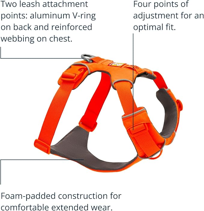 Ruffwear, Front Range Dog Harness, Reflective Soft Padded Everyday Harness with Dual Leash Clips, Adjustable and Lightweight Fit for Training or Walking for All Dogs, Blaze Orange, X-Small