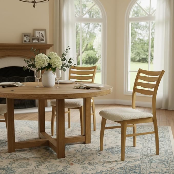 DUOMAY Farmhouse Dining Chairs Set of 2, Fur White Upholstered Side Chairs Solid Wood Ladder Back Kitchen Chairs for Home Dining Room, Light Browm Frame