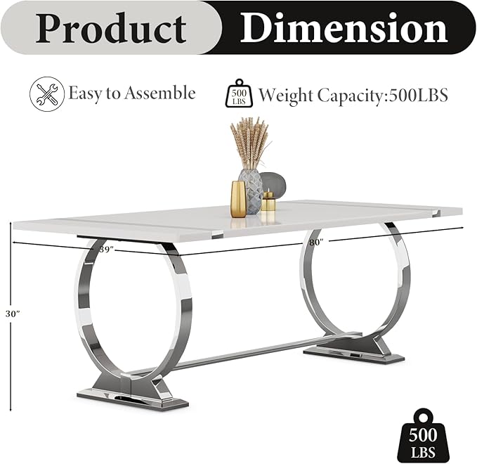 Asday 80 inch Dining Table, Luxury White and Silver Dining Room Table, Large Family Dining Table Modern Kitchen Table with Stainless Steel U-Base for Home Office Apartment