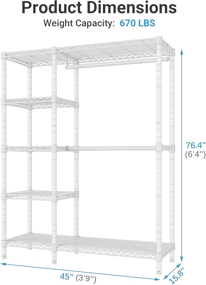 VIPEK V7 Garment Racks for Hanging Clothes Heavy Duty Clothes Rack with Shelves, Portable Closet Rack Metal Clothing Racks 5 Tiers Freestanding Closet Wardrobe System, Max Load 670lbs, White