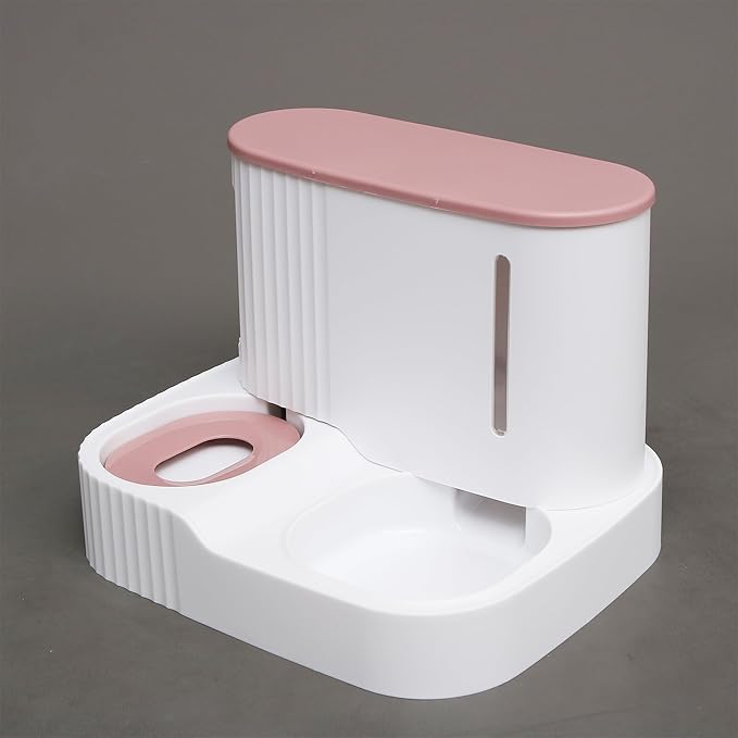 Automatic Cat Feeder,Gravity Auto Timed Pet Dry Food Self Feeding Container Dishes Bowl and Water Dispenser Fountain for Dog Puppy Kitten Kit Set Integrated 2 in 1 Continuous Tray(Pink)