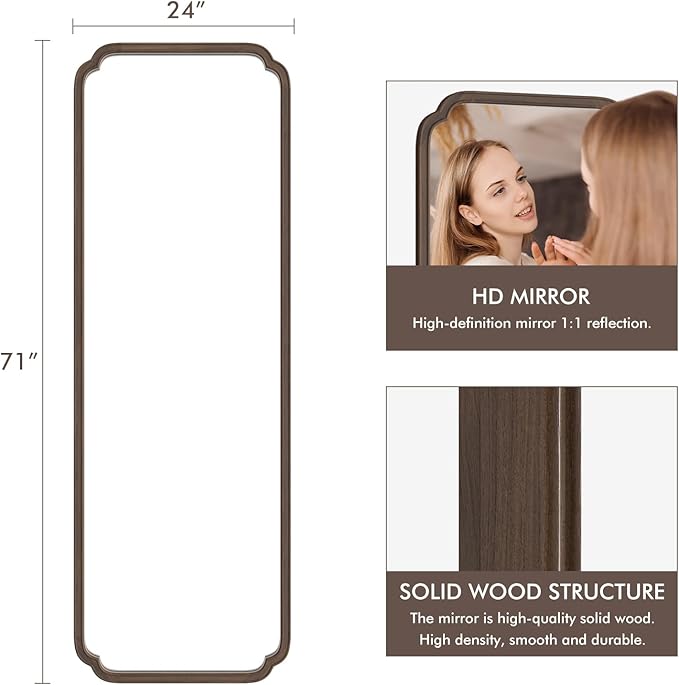 WallBeyond Full Length Mirror Wall Mounted 71"x24", Rustic Wooden Frame Floor Mirror, Large Full Body Mirror for Bedroom, Leaning or Hanging Against Wall (Walnut Solid Wood)