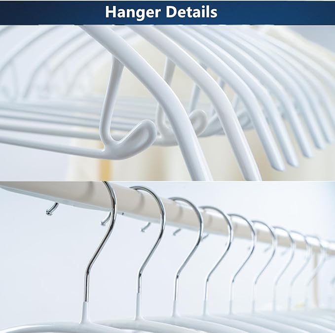 Metal Hangers with Non-Slip Rubber Coating, No Shoulder Bumps, Contour Design with Pants Bar for Sweaters & T-Shirts, White, 16.5 Inch, Pack of 10