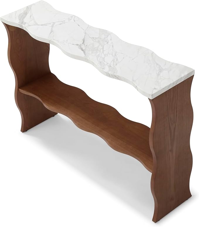47-Inch Long Console Table, Marble Wooden Rectangular Sofa Table Behind The Couch, with Storage Shelf, Farmhouse Entryway Table for Entrance, Hallway, Living Room (Marble+Walnut)