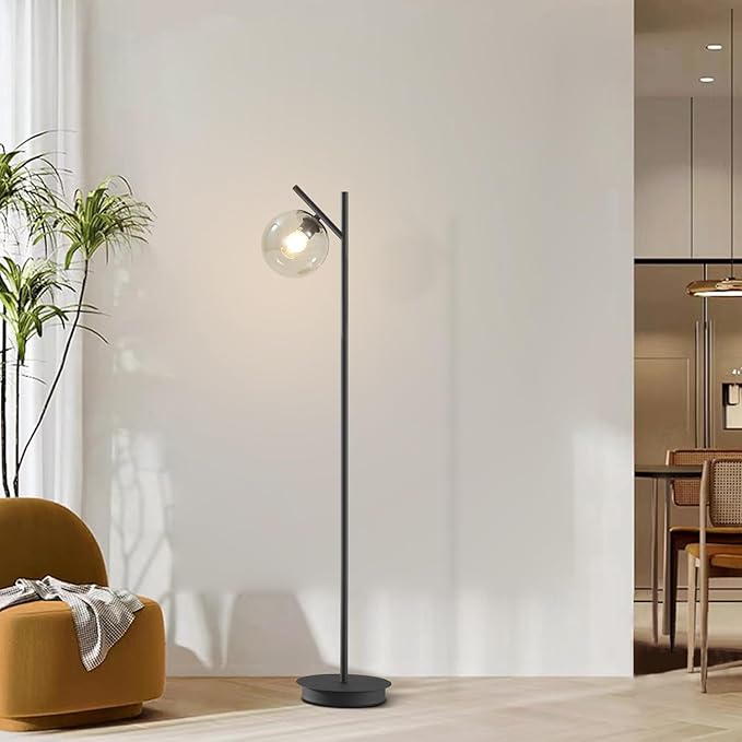 Vintage Floor Lamp for Living Room Mid Century Black Floor Freestanding Lamp Farmhouses Cognac Glass Globe Standing Tall Pole Lamp for Study Room Hotel Bedroom