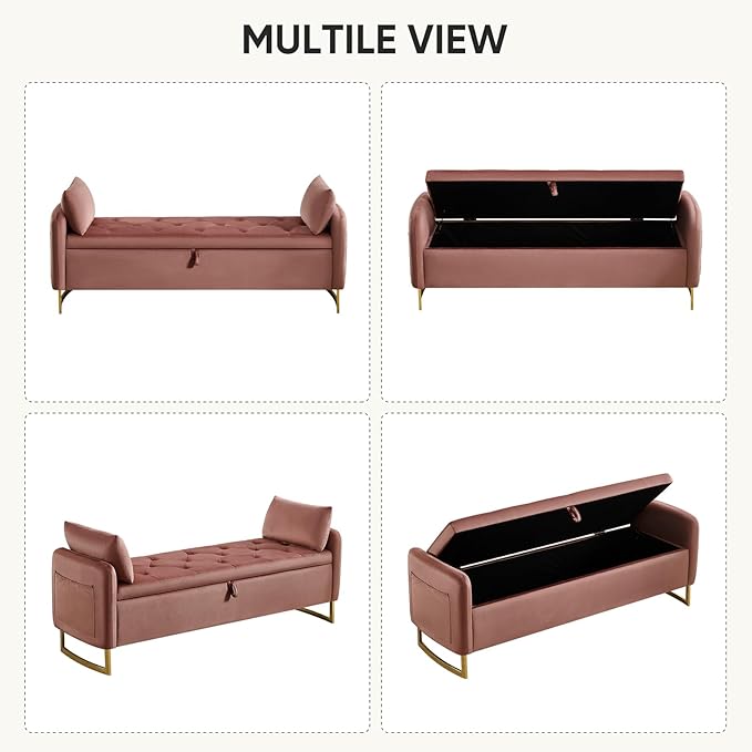 65" Storage Ottoman Bench, End of Bed Storage Bench King Size with Tufted Button Upholstered and Gold Legs, Bedroom Benches with Armrests for Living Room Window and Entryway, Rose Gold