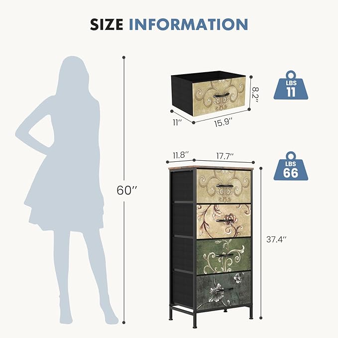 DUMOS Nightstand with 4 Drawers Bedside Table with Removable Fabric Bins Sturdy Steel Frame Wood Top Organizer Furniture for Bedroom Closet Living Room,Floral Painted