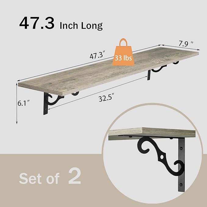 DINZI LVJ Long Wall Shelves, 47.3" Large Floating Shelves Set of 2, Farmhouse Display Shelf Wall Mounted with Heavy Duty Brackets, Easy Assembly for Kitchen, Bathroom, Bedroom, Balcony, Gray Wash