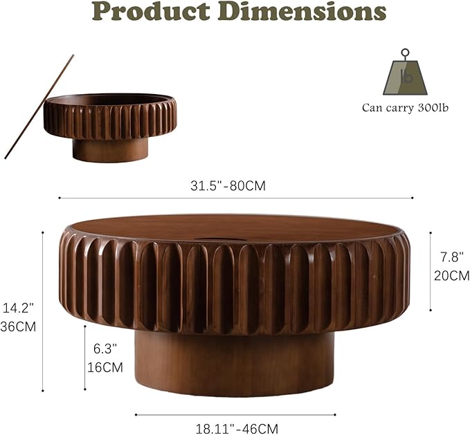 Round Coffee Table with Hidden Storage, Modern Circle Coffee Tables Handcraft Fluted Drum Coffee Table with Solid Wood Relief, Mid Century Center Table for Living Room Apartment (Walnut 31.5 Inch)