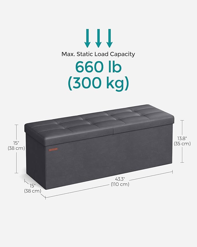 SONGMICS MAZIE Collection - 43 Inches Storage Ottoman Bench with Flipping Lid, Storage Chest with Iron Frame Support, Load 660 lb, for Living Room, Bedroom, Synthetic Leather, Dark Gray ULSF075G01