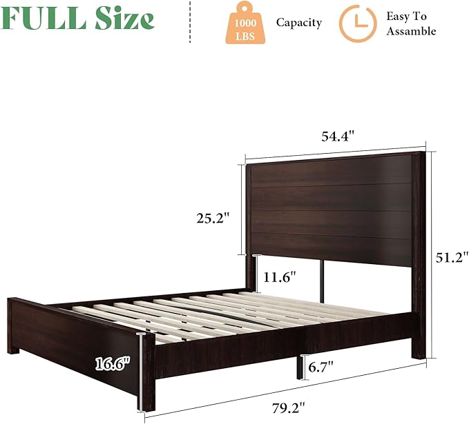 AMERLIFE Full Size 51.2" Wood Bed Frame, Rustic Platform Bed with Spliced Headboard, Wood Slats Support/Noiseless/No Box Spring Needed/Dark Brown