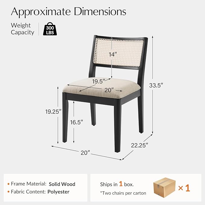 HULALA HOME Rattan Dining Chairs Set of 2, French Solid Wood Kitchen Dining Room Chairs with Curved Back, Upholstered Accent Dinner Cane Chair for Living Room Restaurant, Black