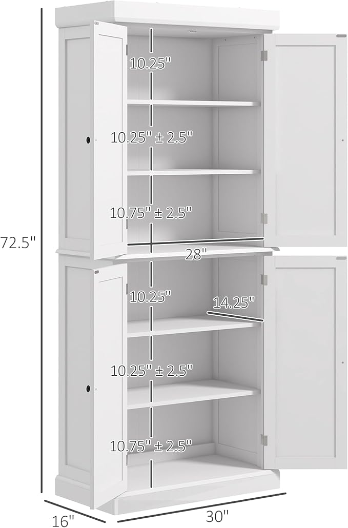 HOMCOM 72.5" Freestanding Kitchen Pantry Cabinet, Tall Storage Cabinet with 4 Doors and 2 Adjustable Shelves for Dining Room, White