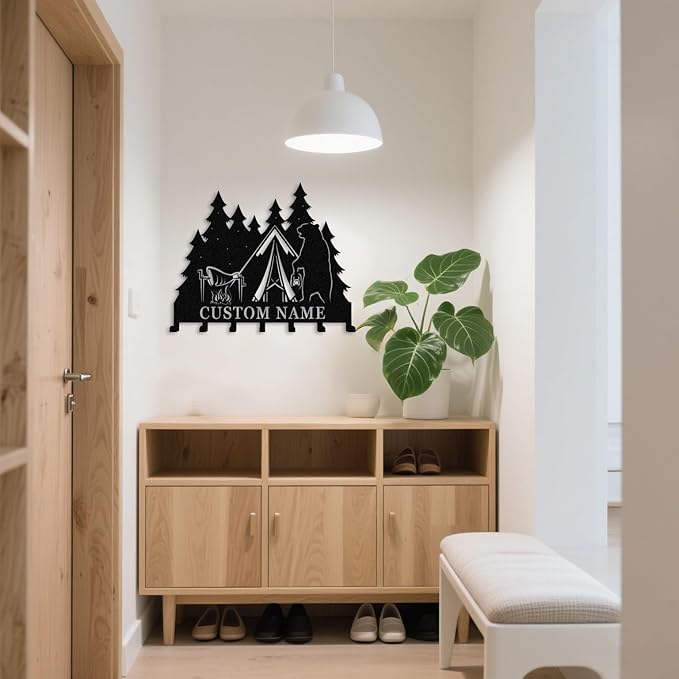 Personalised Metal Key Rack Hooks,Camp Theme Key Holder with Name,Custom Key Holder for Wall,Home Sweet Home Decor,Housewarming Gift Camp 1