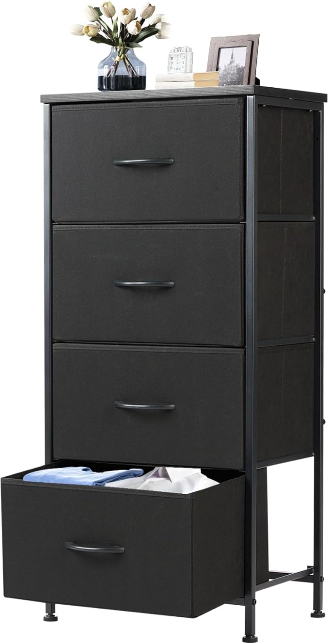 DUMOS Nightstand with 4 Drawers Bedside Table with Removable Fabric Bins Sturdy Steel Frame Wood Top Organizer Furniture for Bedroom Closet Living Room
