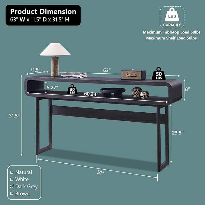 63-Inch Long Console Table, 31.5" Tall Modern Entryway Table with Open Storage Shelf, Curved Profile Design, Narrow Wood Sofa Table Behind Couch Table for Living Room, Hallway, Foyer, Dark Grey