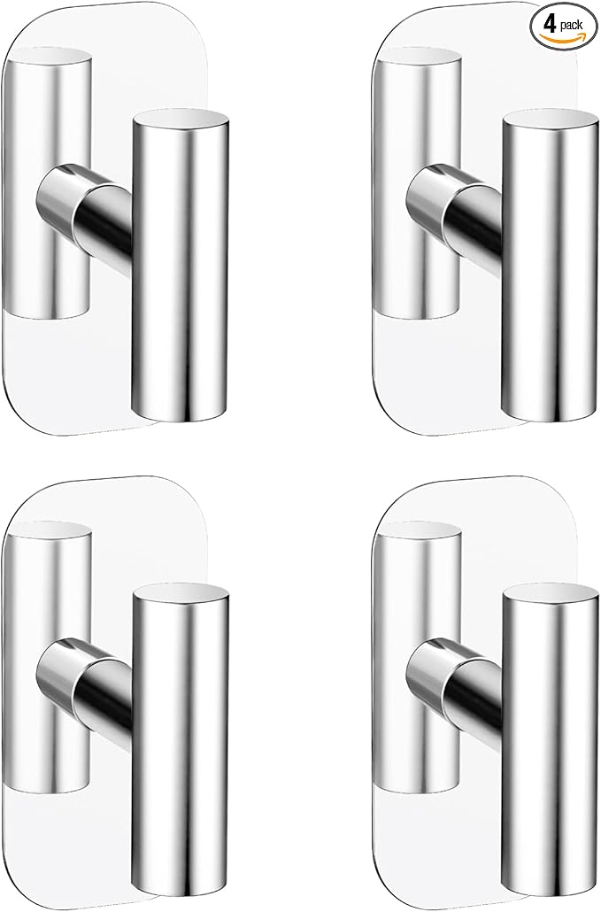 Adhesive Towel Hooks for Shower,Waterproof Heavy Duty Bathroom Hooks,Wall Mounted Sticky Hangers for Coats/Aprons/Robes,No Drilling(Chrome,4 Pack)