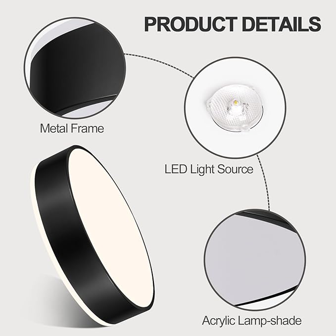 Vikaey Black LED Ceiling Light Modern Flush Mount Light Fixture Round Metal Ceiling Lamp for Living Room Entryway Bedroom Kitchen 15.74 Inch