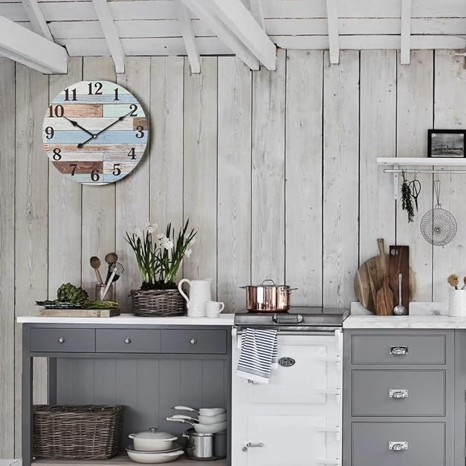24 Inch Blue Woodgrain Shiplap Wall Clocks for Living Room Decor, Large Farmhouse Wall Clock,Coastal Beach Nautical Style,House Warming Gifts New Home