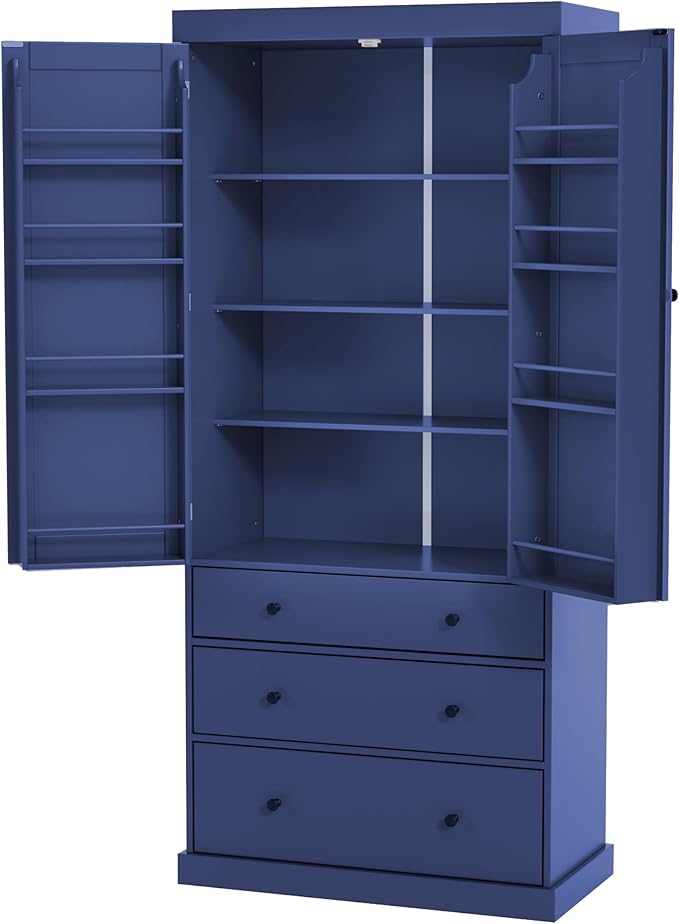 Merax 77" Tall Kitchen Storage Cabinet Pantry Farmhouse Freestanding Large Cupboard with 3 Drawers,Adjustable Shelves,8 Door-Shelf for Dining Room