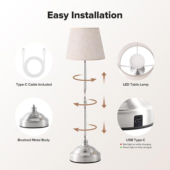 Cordless Table Lamp, Rechargeable Desk Lamp with Fabric Shade, Battery Operated Lamp 3 Color Stepless Dimming, Portable Touch Bedside Lamp Home Decor for Dining, Counter (Brushed Sliver)