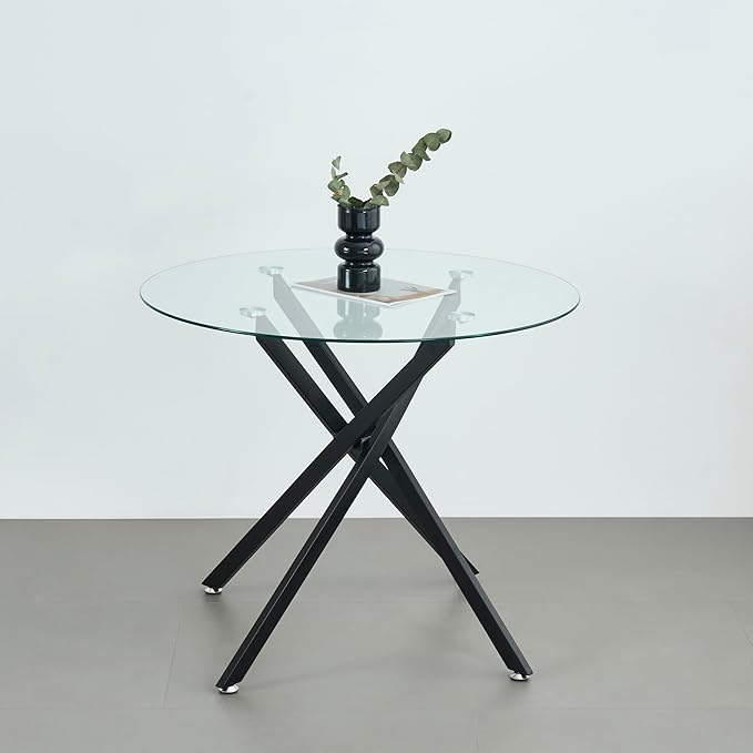 36" Round Dining Table for 4, Modern Clear Glass Kitchen Table for 4 with Black X Metal Legs, Contemporary Small Circle Dining Room Leisure Tables for Kitchen Apartment