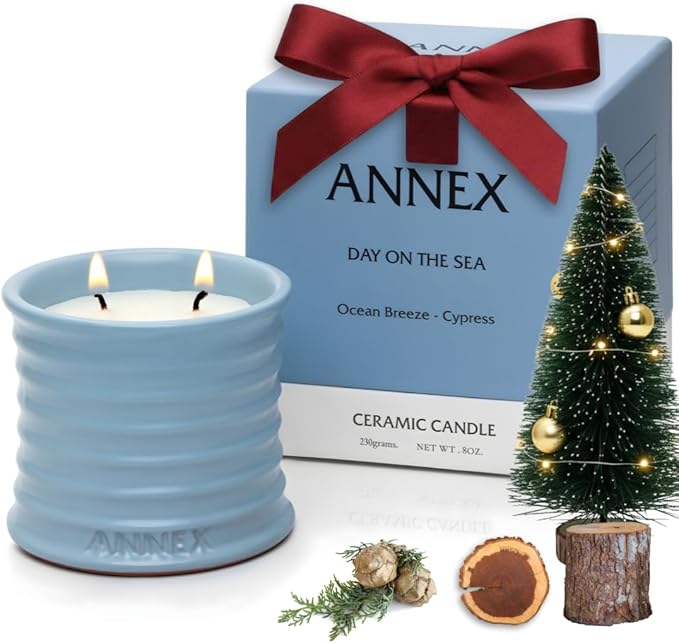 Scented Luxury Candles in Handmade Ceramic Jars, Soy Wax | Day On The Sea – Cypress & Cedar, Large Candle | Non Toxic, 2 Wicks, Reusable Big Blue Jar | Natural Spring Aromatherapy for Women & Men