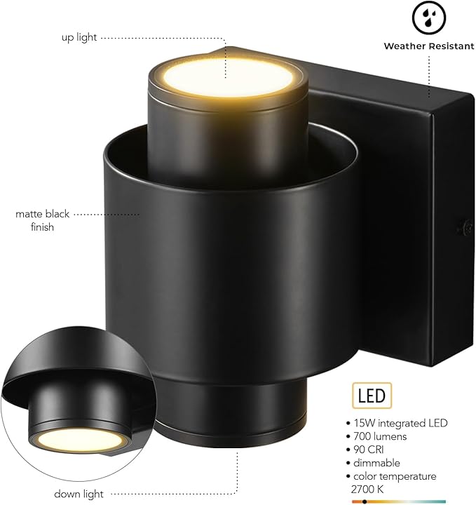 GLOBE Electric 60000126 LED Integrated 15-Watt Outdoor Wall Sconce, Matte Black, Up/Down Light Direction, 700 Lumens, 2700 Kelvin, 90 CRI, Dimmable