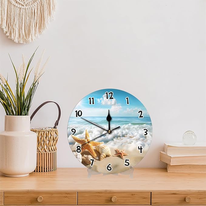 Ocean Sea Beach Starfish Seashell Wall Clock Battery Operated 10 in Round Wall Clocks Slilent Non Ticking Quartz Analog Clock for Bedroom Kids Living Room Classroom Decor