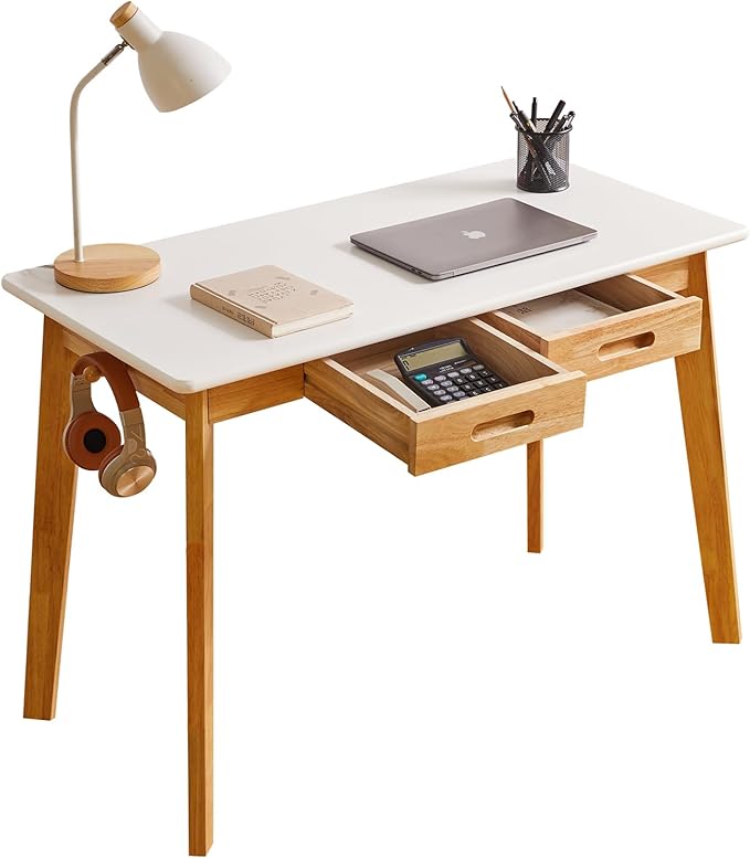 Small Computer Desk Table, Wood Writing Desk with Drawer and Hanging Rod, 39x20x30inch Study Desk, Work Desk, Wooden Dining Table White + Natural Wood Legs YD-WD01WN