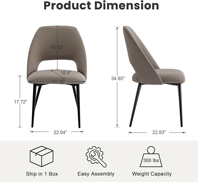 Rowill Dining Chairs Set of 2 Upholstered Dining Room Chairs Mid Century Modern Dining Chairs Faux Leather Kitchen Chairs Accent Chair with Metal Legs for Living Room Bedroom, Khaki