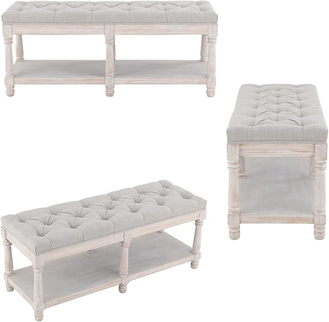 Mid Century Tufted Storage Bench with Shelf, Linen Upholstered Farmhouse Entryway Shoe Bench Ottoman Bed End Stool with Padded Seat, Rustic Bench for Bedroom Living Room Dining Room, Beige