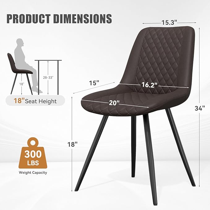 Modern Dining Chairs Set of 2, Top PU Leather Upholstered Dining Room Chairs with Metal Legs, Ergonomic Kitchen Chairs for Kitchen Dinning Room, Dark Brown