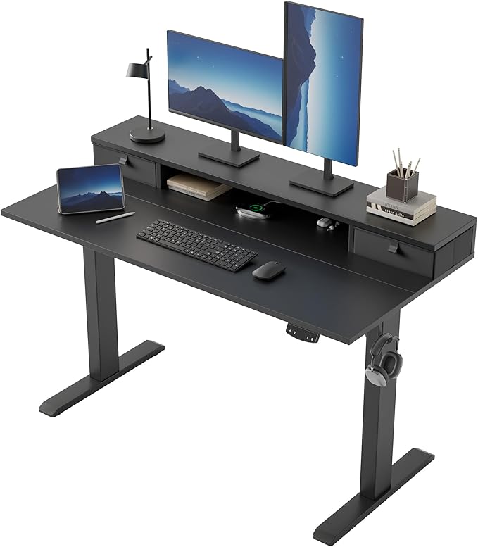 Klicelor 48 Inch Electric Standing Desk with Drawers, Adjustable Height Small Sit Stand Desk for Home Office, Compact Computer Workstation with Storage– Black