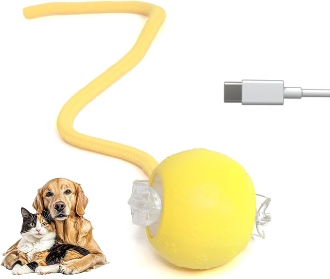 Interactive Cat Toys Ball for Indoor Cats Adult, Auto Moving Interactive Dog Toys,Smart Pet Chase Ball with Speedy Tail Rope, Stimulating Dogs Toy, Yellow