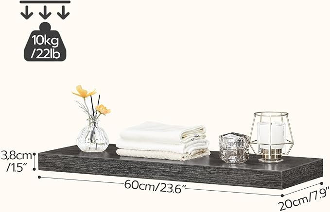 HOOBRO Floating Shelves for Wall, Wall Mounted Shelf Set of 2, 23.6" Hanging Shelf with Invisible Brackets, for Wall in Bathroom, Bedroom, Toilet, Kitchen, Living Room, Office, Charcoal Gray BC60BJ01