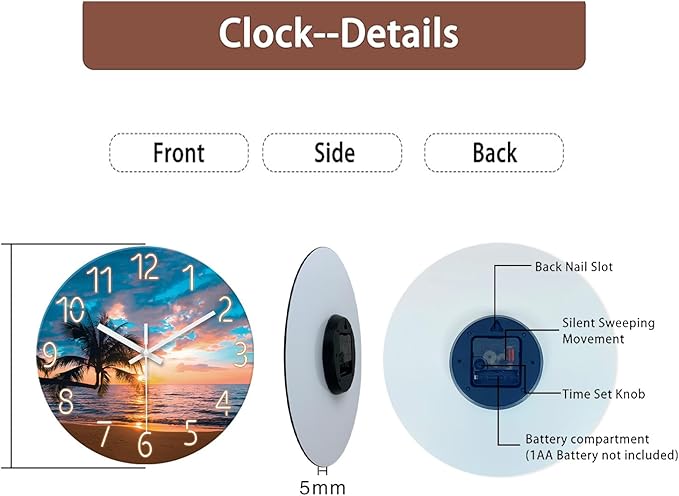 XFM Large Beach Wall Clock 24 Inch Palm Tree Silent Wall Clocks Battery Operated Sunset Glass Coastal Wall Clock for Living Room Bedroom Kitchen Office