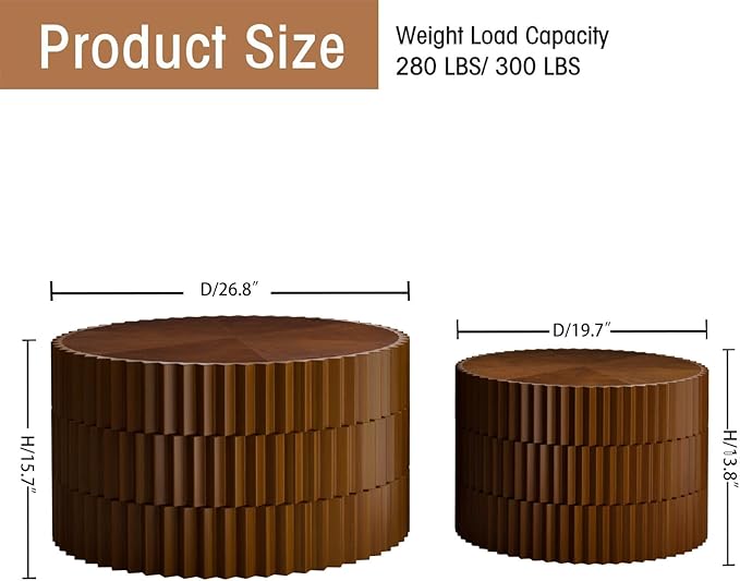 Round Nesting Coffee Table Set of 2 Walnut Round Drum Fluted Coffee Tables for Small Space Modern Stacking Nesting Tables Minimalist Circle Center Table 2 Piece for Living Room (Walnut)
