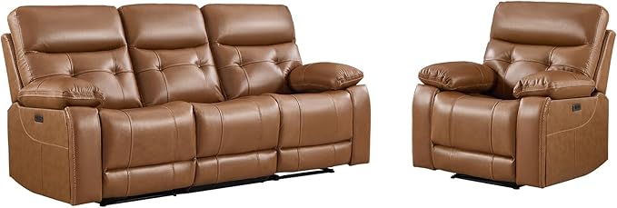 CANMOV Genuine Leather Power Recliner Sofa Set,Power Recliner Chair and Sofa Set, 2 Pieces Leather Couch with Storage Console, USB Ports, Cup Holders for Living Room,Brown