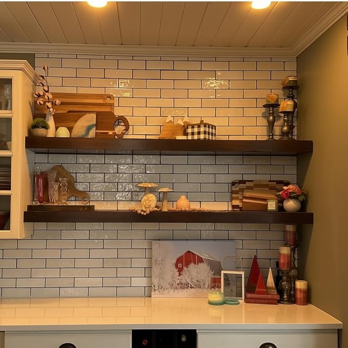 foxsky 48 Inch Solid Pine Wood Floating Shelves for Wall with Hidden Brackets, Rustic Farmhouse Wall Mounted Shelf for Bathroom, Living Room, Bedroom, Kitchen, Office Decor (Walnut)