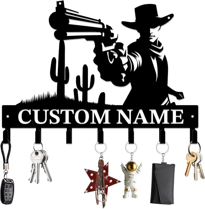 Personalized Custom Name West Cowboy Keys Hooks,Metal Cowboy Art Clothes Keys Hooks,Metal Cowboy Lover Wall Home Storage Decorative Keys Hooks,Key Holder Hooks for Wall (Style H)