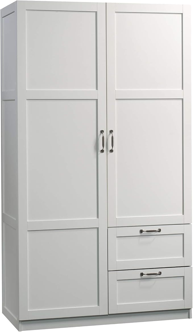 Sauder Select Multipurpose Bedroom Armoire Wardrobe Closet Pantry Storage Cabinet with Storage Drawers and Hanging Rail, in Soft White finish