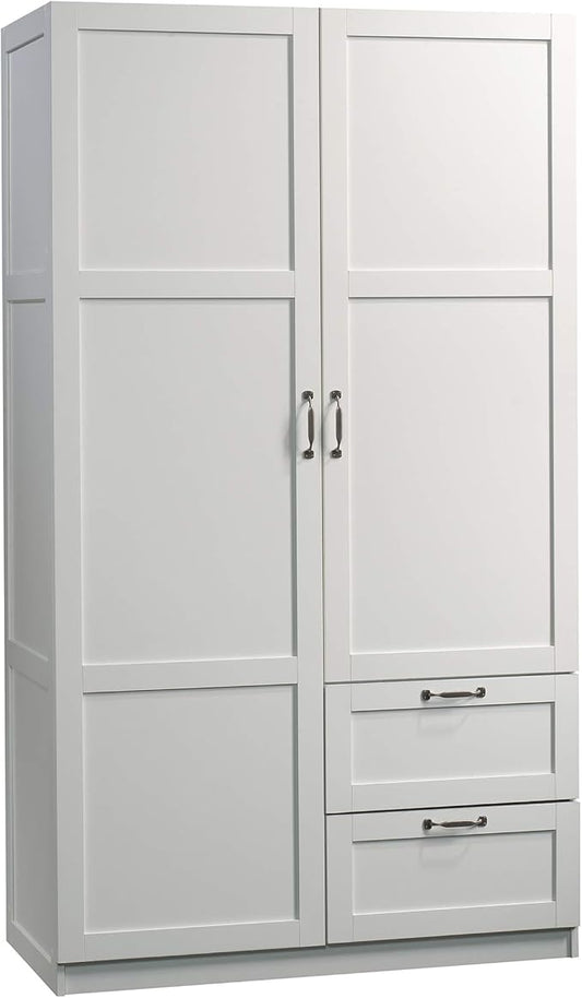 Sauder Select Multipurpose Bedroom Armoire Wardrobe Closet Pantry Storage Cabinet with Storage Drawers and Hanging Rail, in Soft White finish