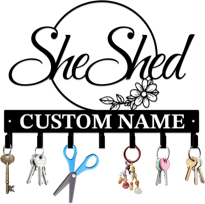Personalized She Shed Keys Hooks,Custom Name Metal She Shed Art Keys Hooks,Metal She Shed Lover Wall Home Storage Decorative Keys Hooks,Key Holder Hooks for Wall (Style G)